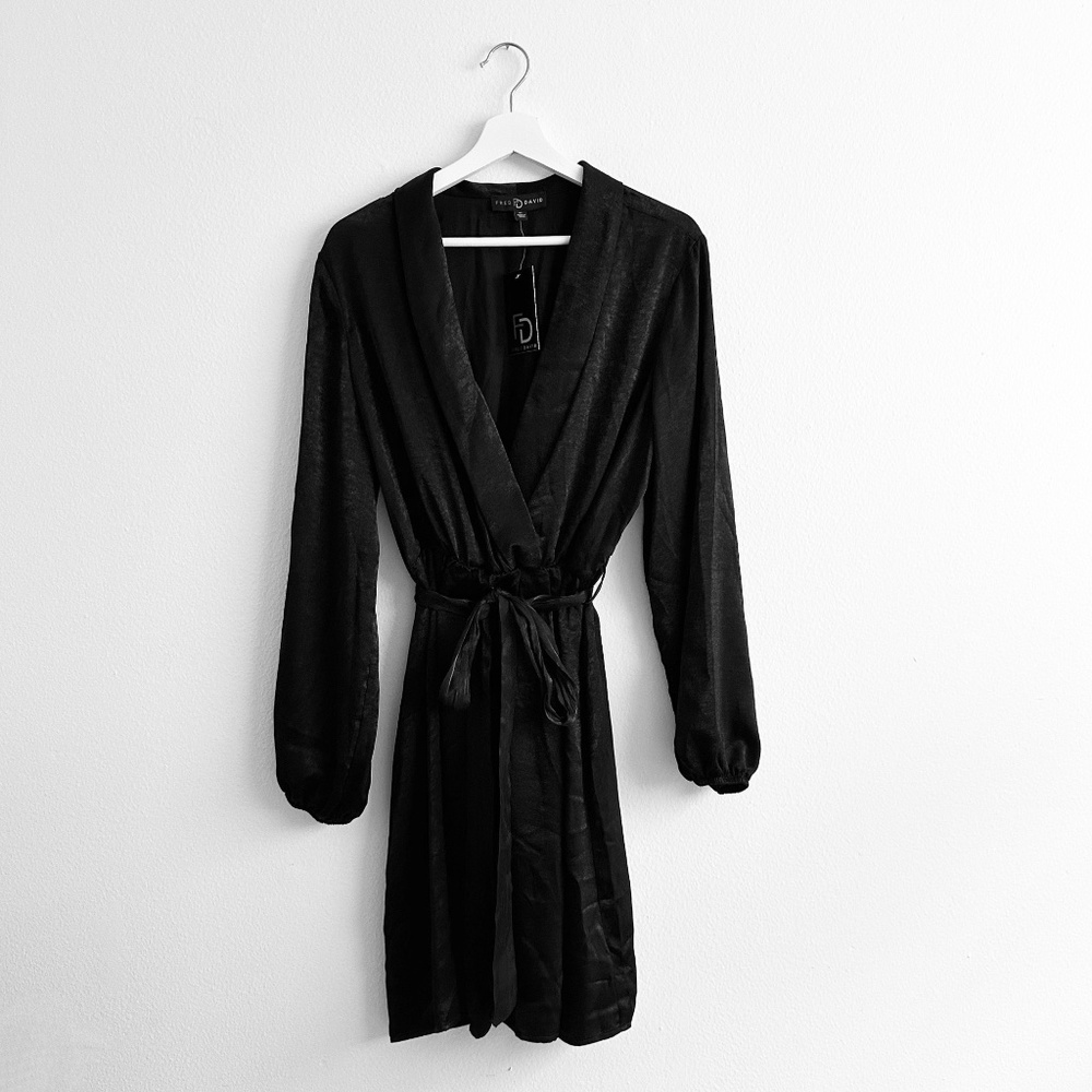 NWT Fred David Pretty Women's Long Sleeve Dress Sexy V-Neck Midi Satin Black XL